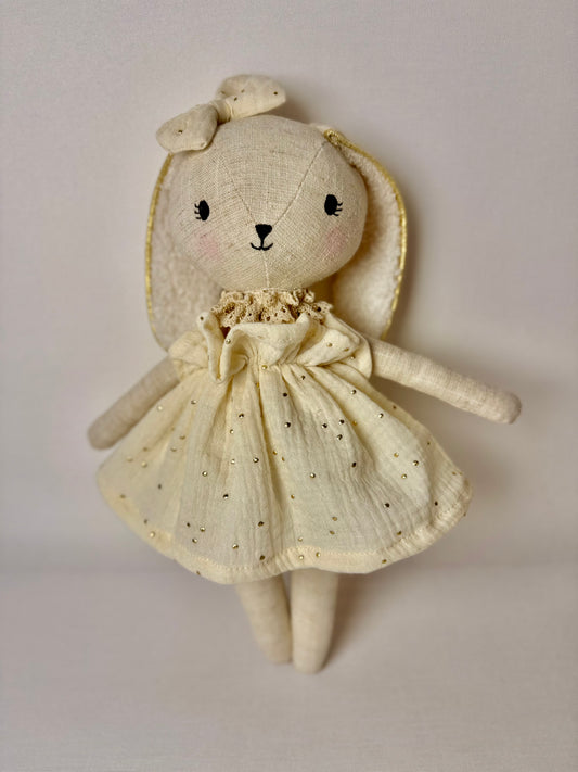 Lapine Luna-Robe et collerette en double gaze à pois dorés