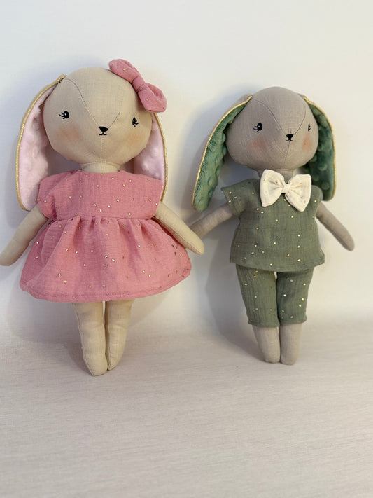 Lapin Léo-Ensemble en double gaze à pois dorés